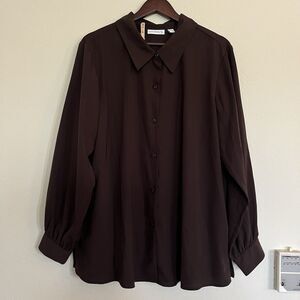 Susan Graver Brown SZ 1X Long Sleeve Collar Button Up Shirt Blouse Women's